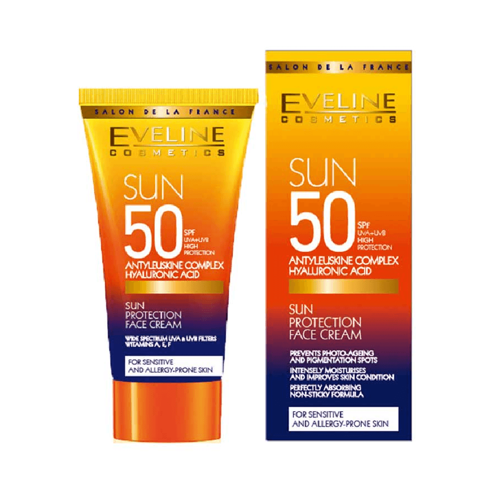 Eveline Cosmetics SPF50 Hyaluronic Acid Vitamin E A & F Sun Protection Face Cream For Sensitive & Allergy Prone Skin 50ml