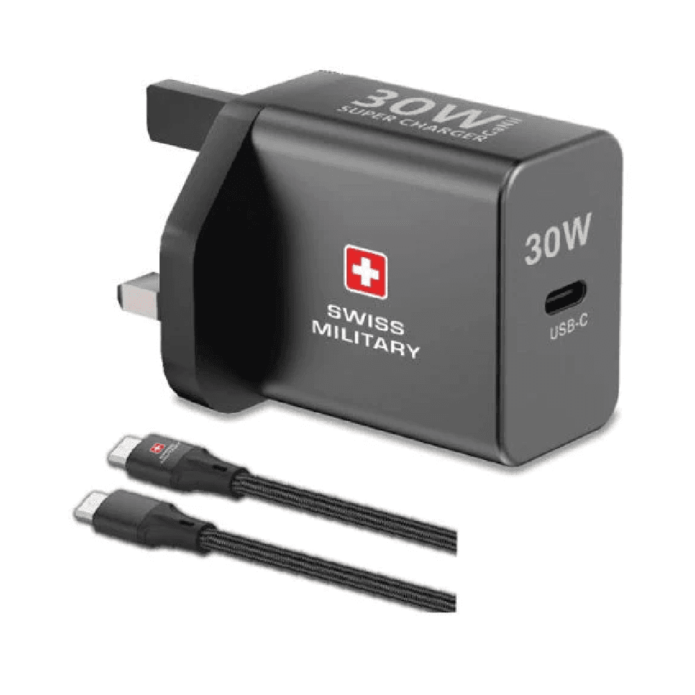 شاحن Swiss Military بقوة 30 واط Gan II + كابل USB C إلى USB C (لأجهزة iPhone وSamsung وiPad وغيرها.)