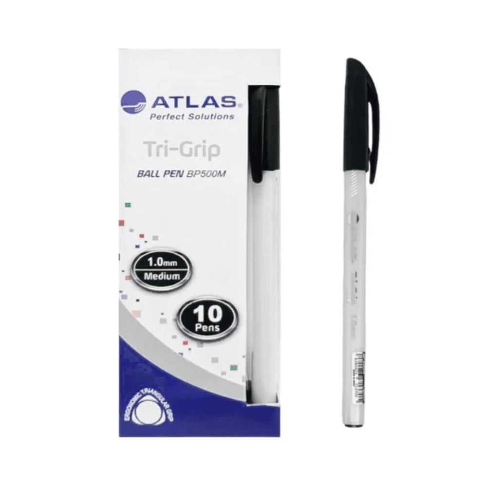 Atlas Tri Grip 1.0 Medium Ball Pens 10Pcs - Black 12852
