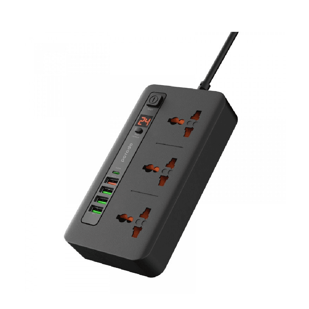 توصيلة بورودو HUB 4 مع 3 مداخل ثلاثية و 4 مداخل USB و مدخل USB تايب سي PD / اسود - 7267547496670