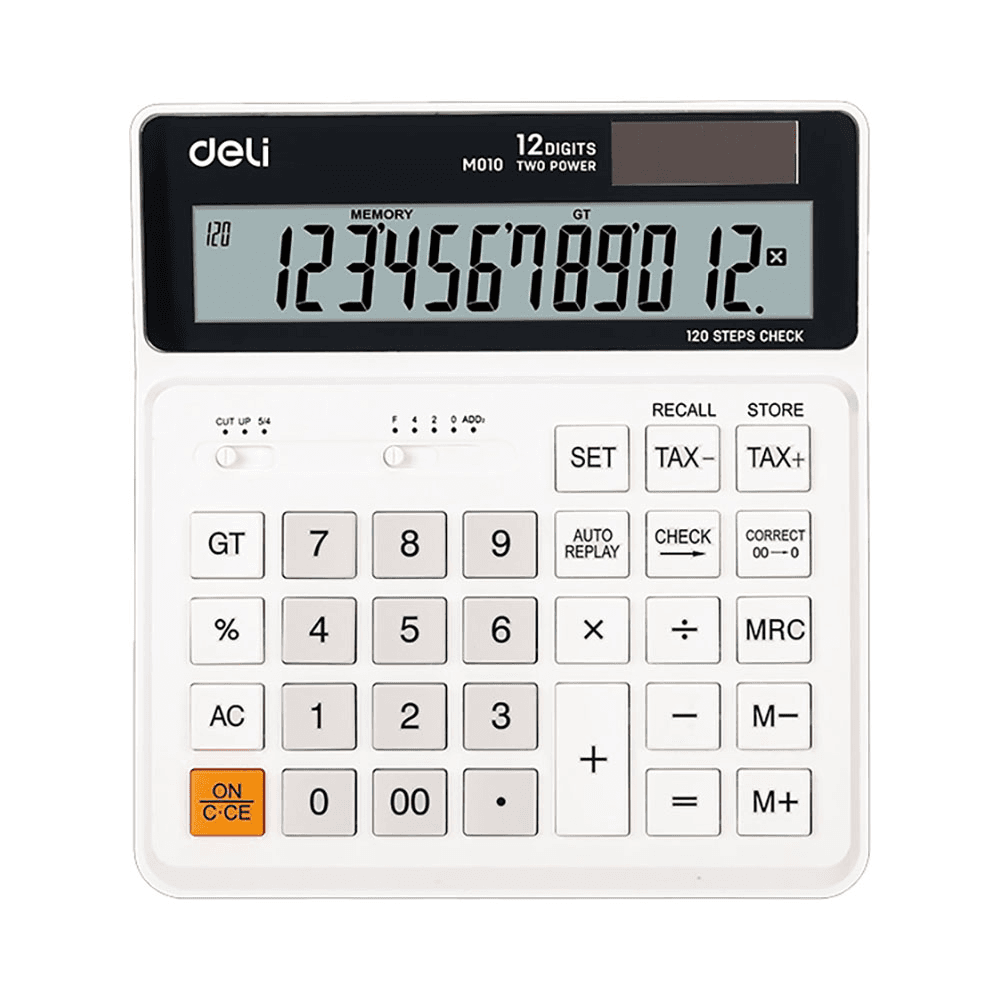 Deli 120 Steps Check 12 Digits Plastic Desktop Calculator - White