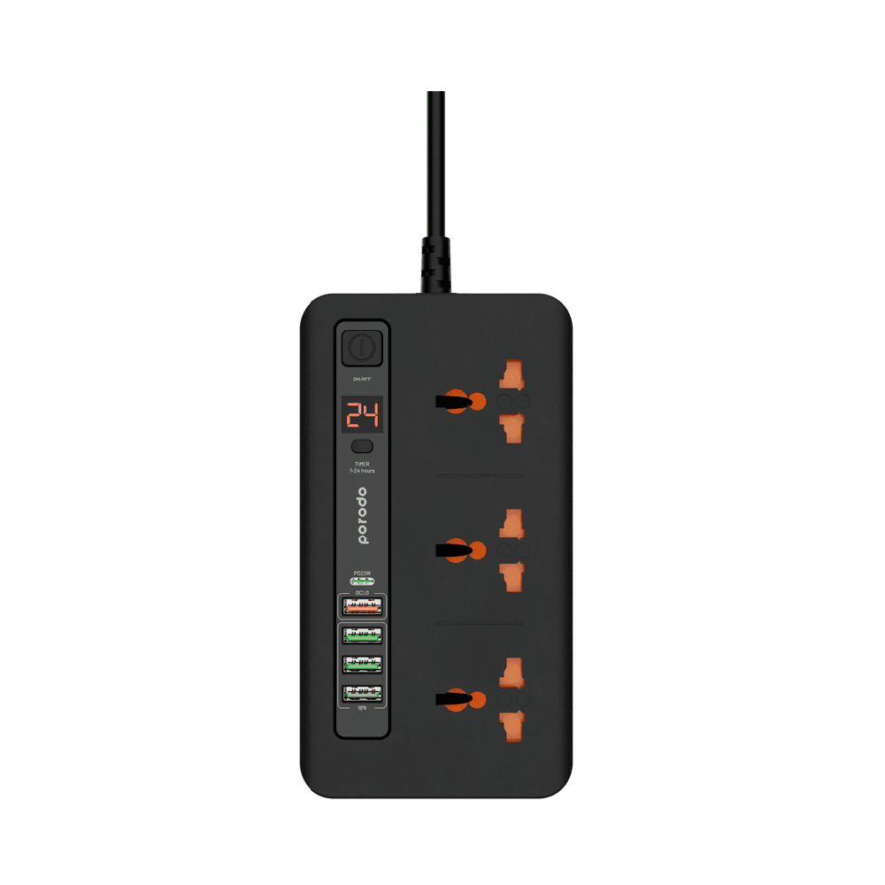 توصيلة بورودو HUB 4 مع 3 مداخل ثلاثية و 4 مداخل USB و مدخل USB تايب سي PD / اسود - 7267547496670