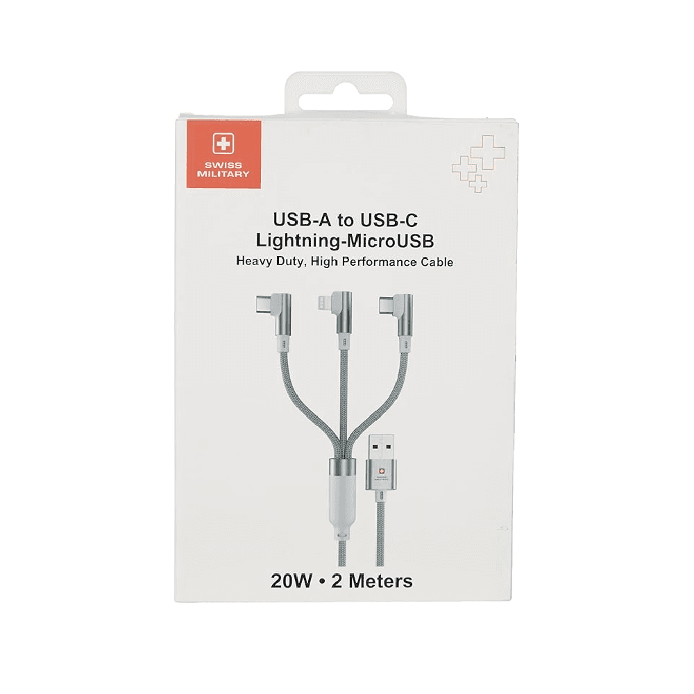 Product Overview:
The Swiss Military 3 In 1 Cable offers versatile compatibility with multiple devices, allowing you to charge and sync.

Key Features
‣ Multi-Function: Supports USB-A, USB-C, Lightning, and Micro connections for various devices.
‣ Heavy Duty: Durable braided design ensures long-lasting performance.
‣ High Performance: Fast charging and data transfer capabilities.

Technical Specifications
‣ Layout: 2-meter length with multiple connectors
‣ Material: Braided nylon for added strength
‣ Compatibility: Works with devices supporting USB-A, USB-C, Lightning, and Micro ports
