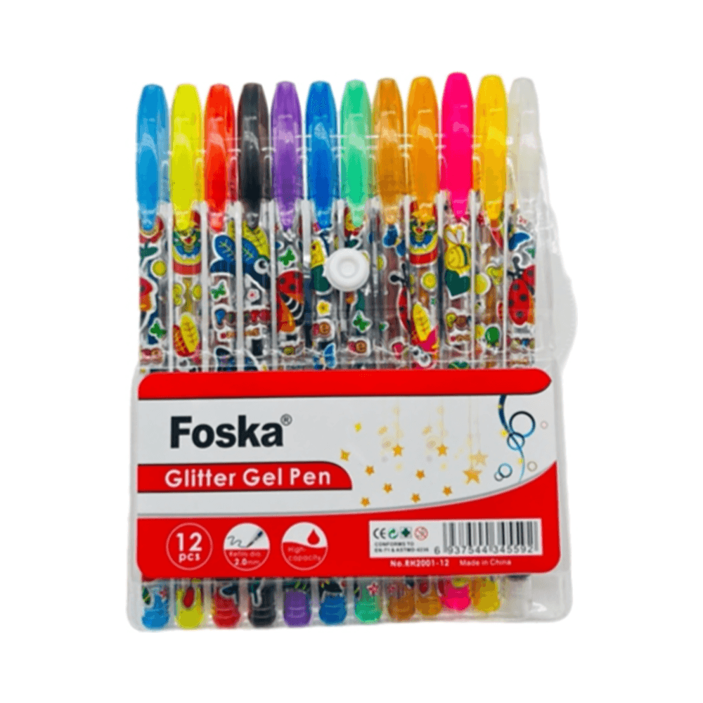 Foska Glitter Gel Ink Pens 2.0mm 12Pcs - Assorted Colours 15910
