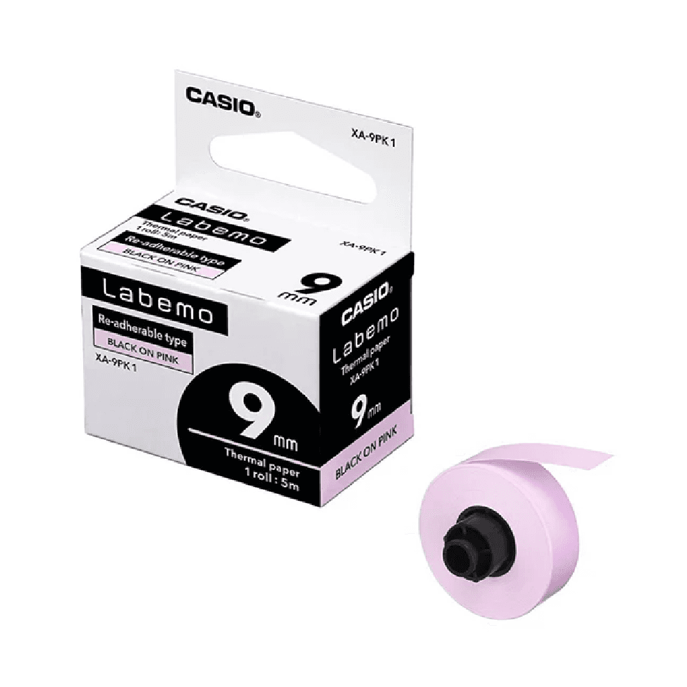 Casio Re-Adherable Tape Label Printer 9mm - Black on Pink  XA-9PK1-W-DJ  