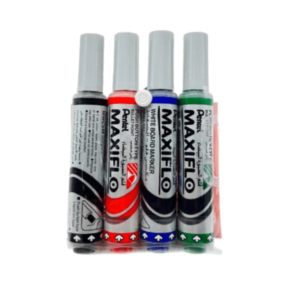 Pentel Maxiflo Push Button Bullet Point Whiteboard Marker Set 4Pcs - Blue Black Green & Red 15619