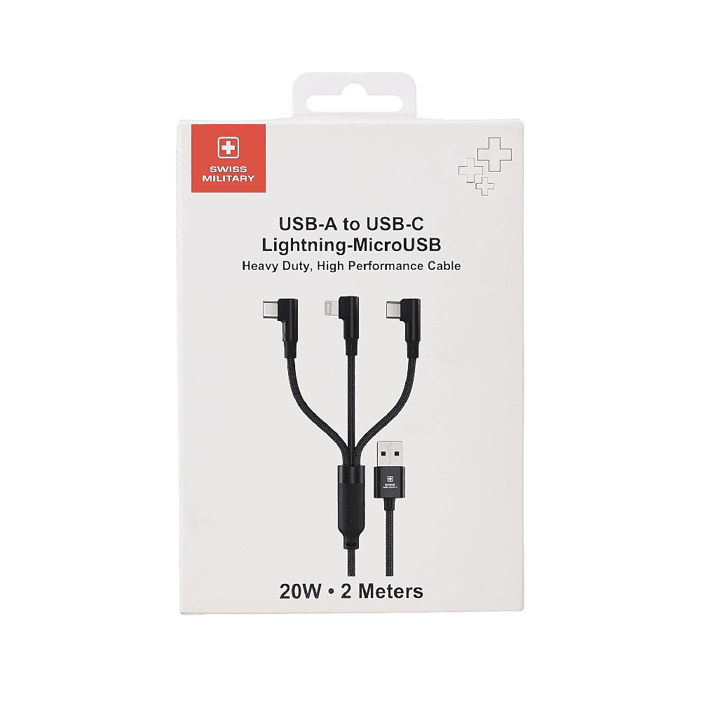 كابل سويسري عسكري 3 في 1 للخدمة الشاقة وعالي الأداء بطول 2 متر (USB-A إلى USB C-Lightning-Micro)