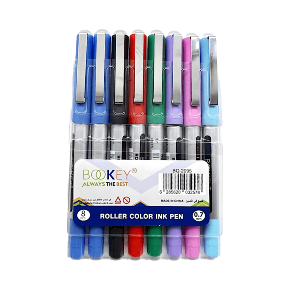 Bookey Brand Set of Roller Ink Pens 0.7mm 8 Pcs - Blue/ Black/ Red/ Green/ Purple/ Pink Light/ & Blue 9327