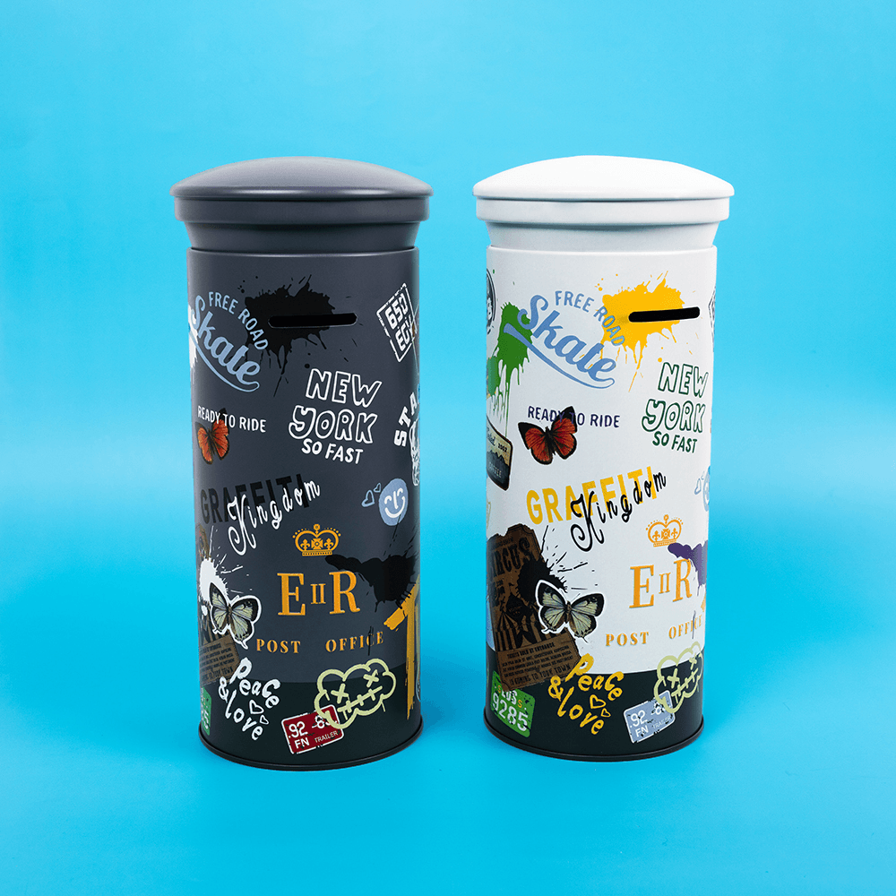 Metal Cylinder Coin Bank with Graffiti Stickers (Two Color Options)