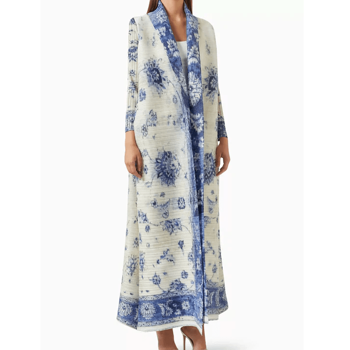 Off White And Blue Pleated Abaya With Floral Prints