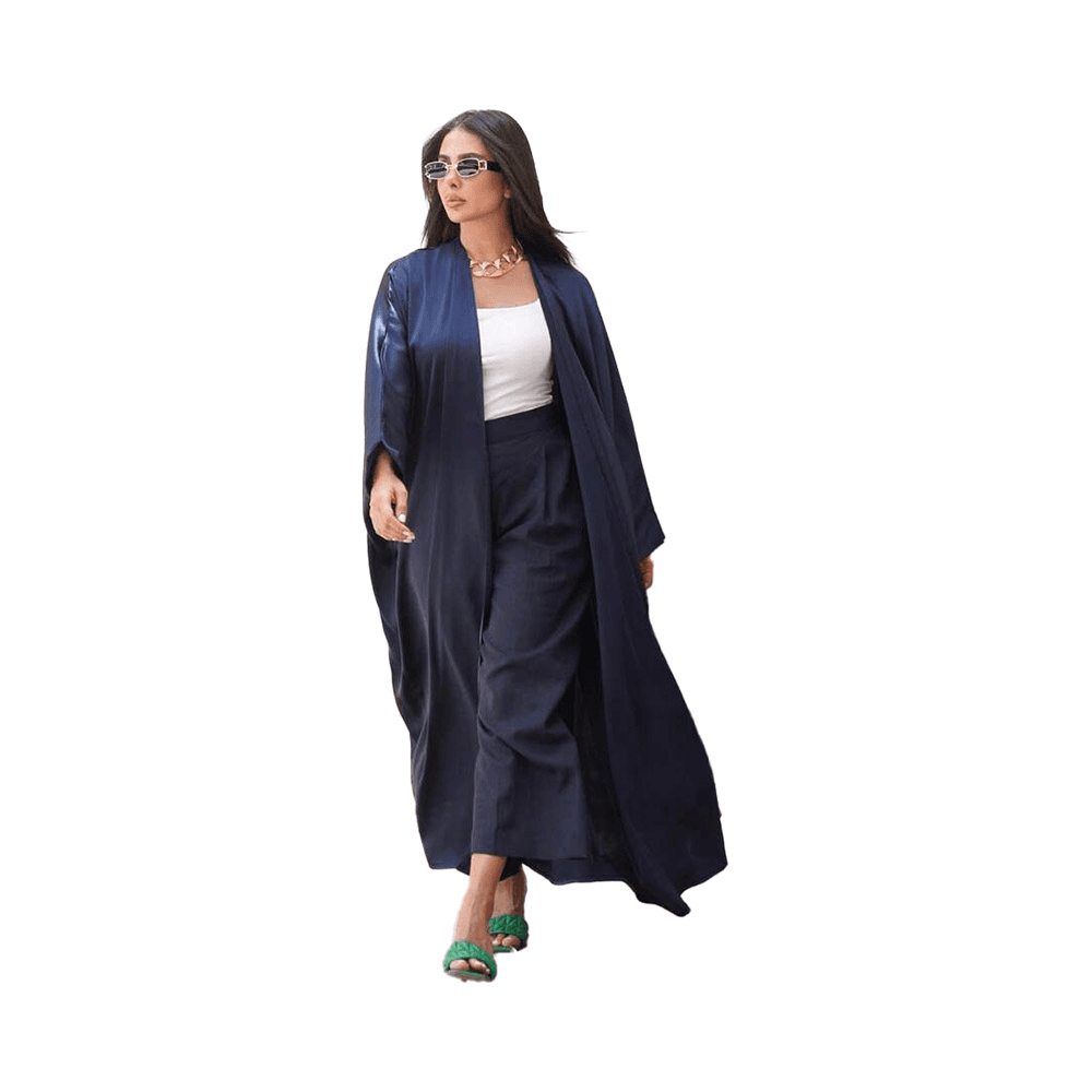 Stylish Navy Blue Satin Abaya with Batwing Sleeves for Women