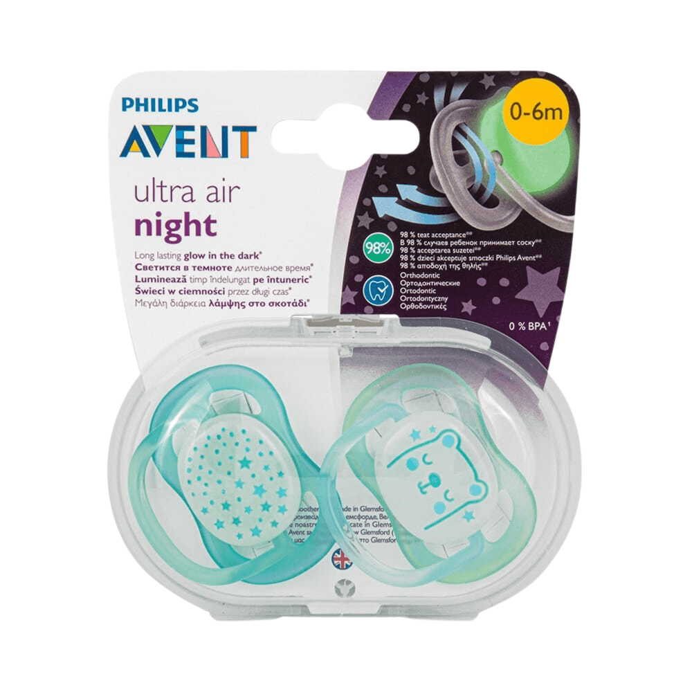 Philips Avent Glow In Dark Ultra Air Night Pacifier For Boy 0-6 Months 2Pcs SCF376/11