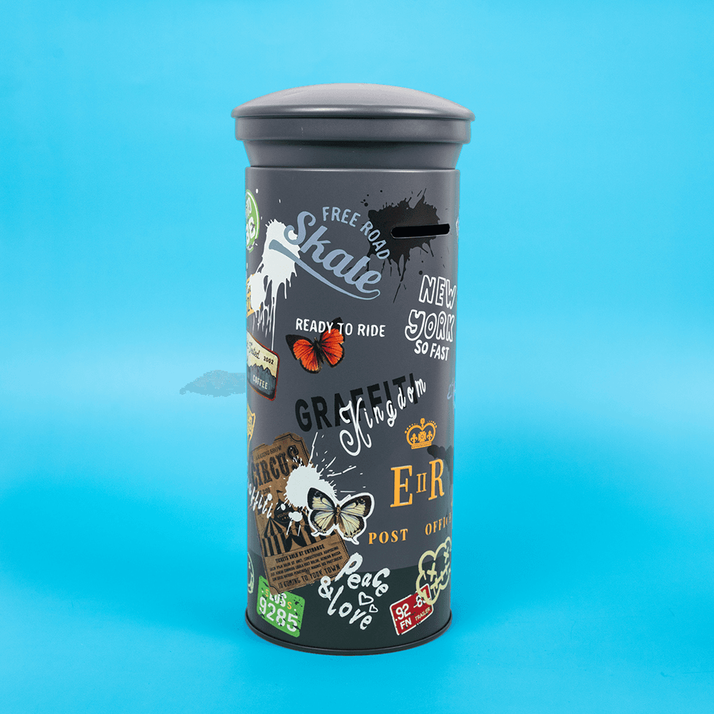 Metal Cylinder Coin Bank with Graffiti Stickers (Two Color Options)