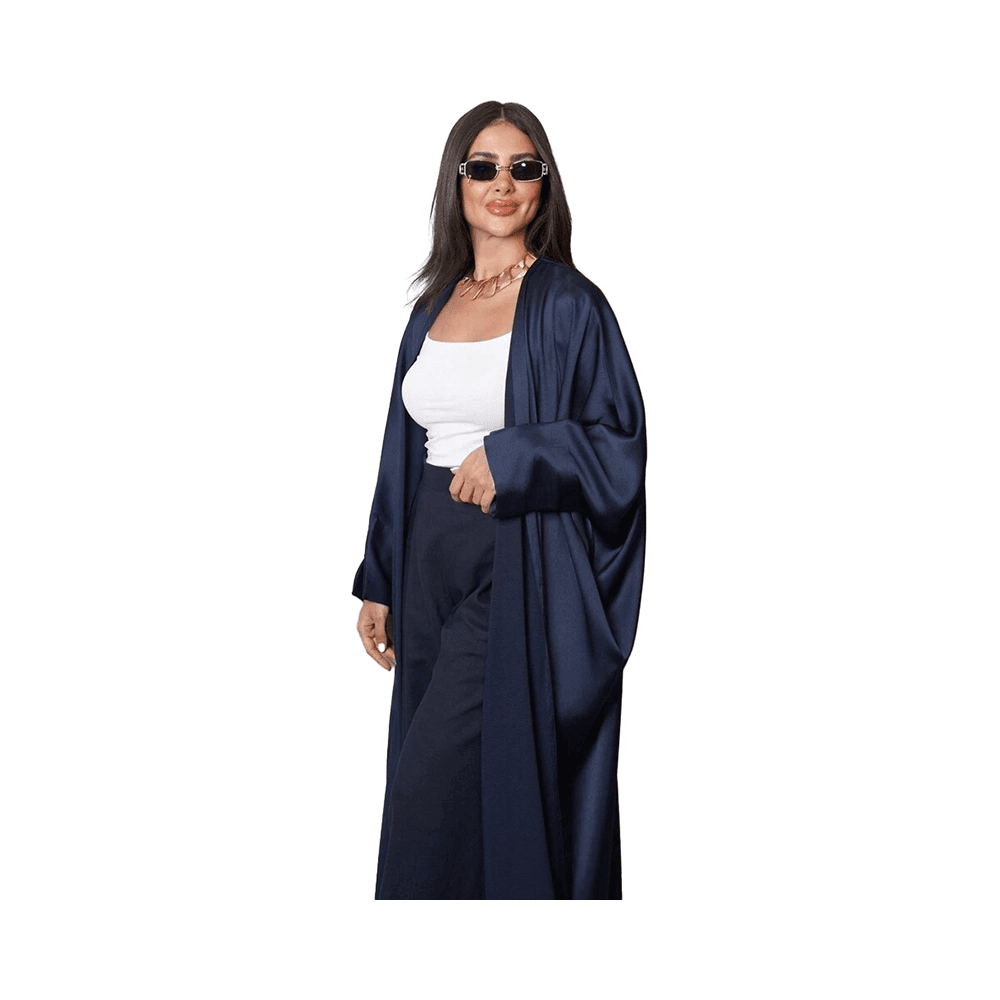 Stylish Navy Blue Satin Abaya with Batwing Sleeves for Women