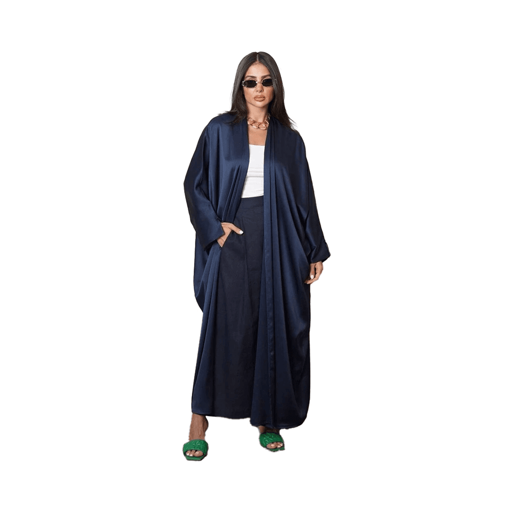 Stylish Navy Blue Satin Abaya with Batwing Sleeves for Women