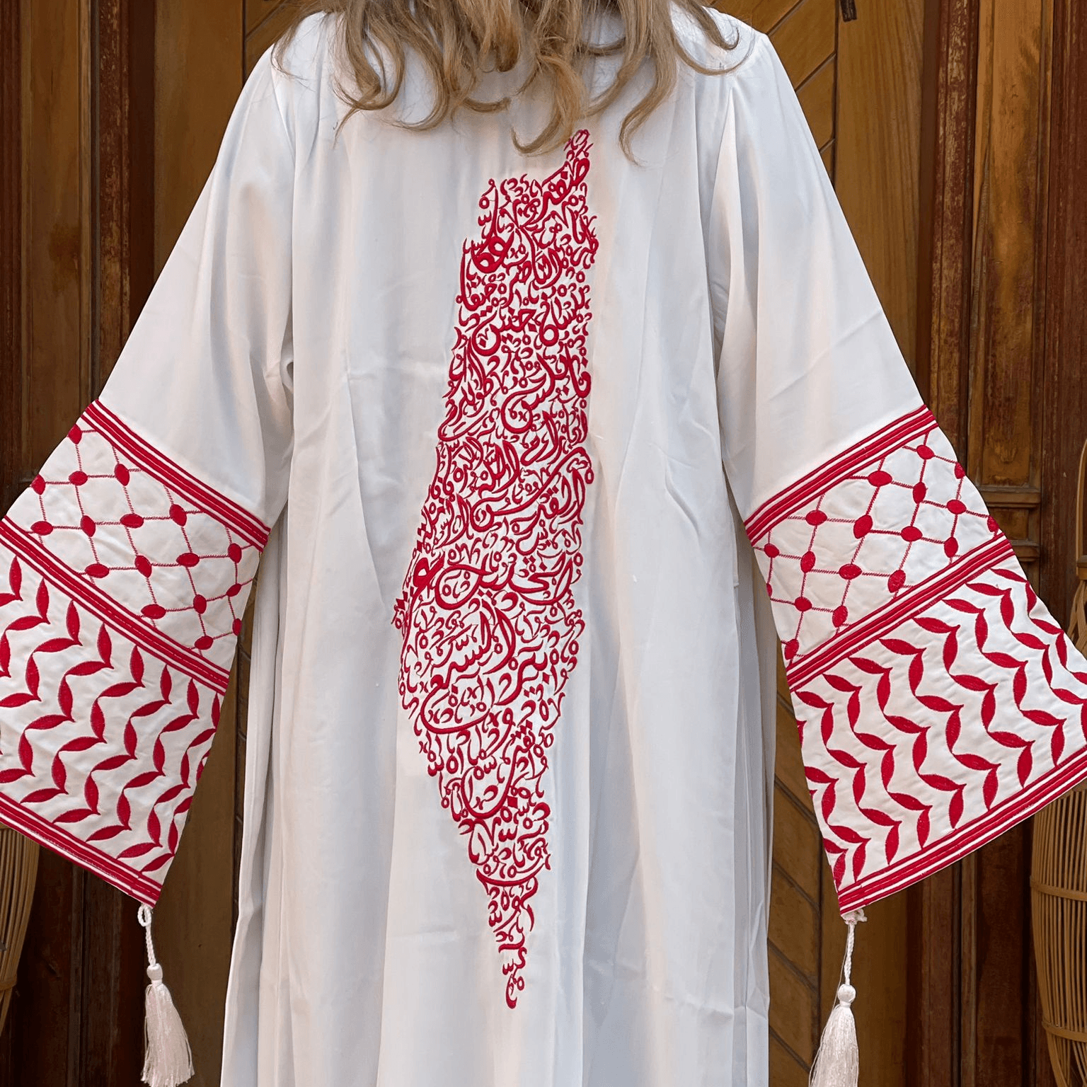 White Open Abaya with Palestine Embroidered Detailing