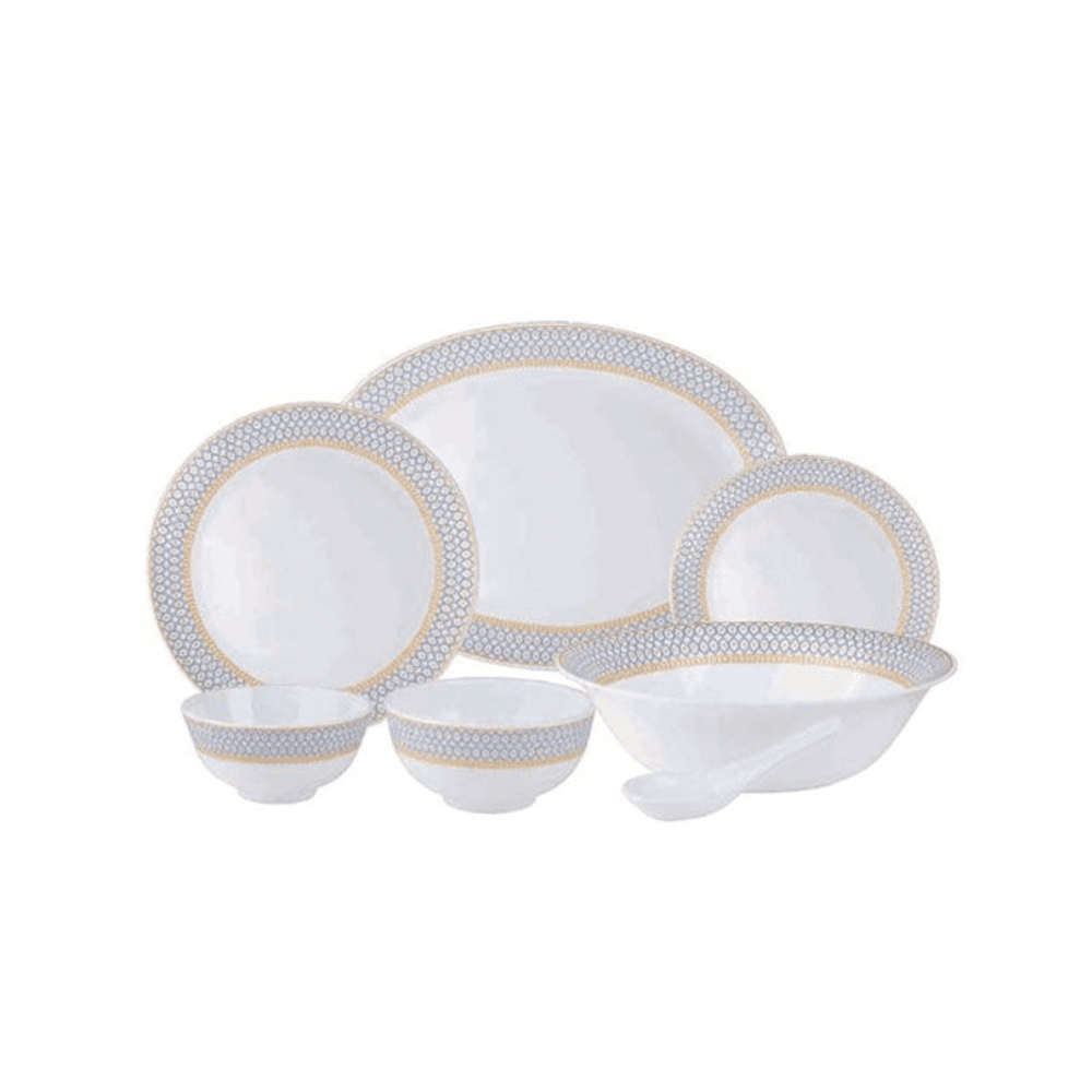 English Royal Porcelain Dinner Set With Geometric Patterns & Gold Trims 33Pcs - With & Blue