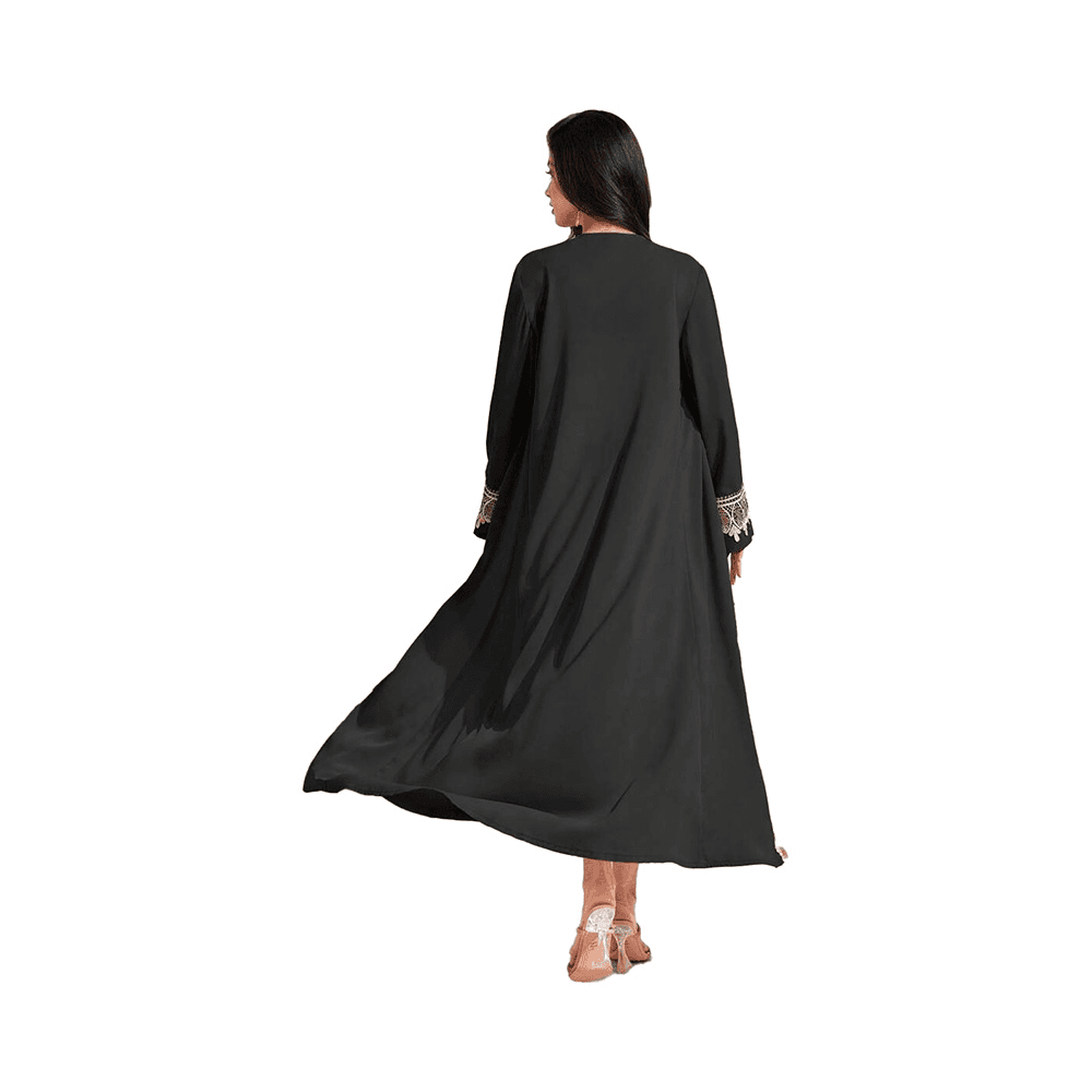 Black Open Abaya with Gold Lace Detailing for Ramadan and Eid - L