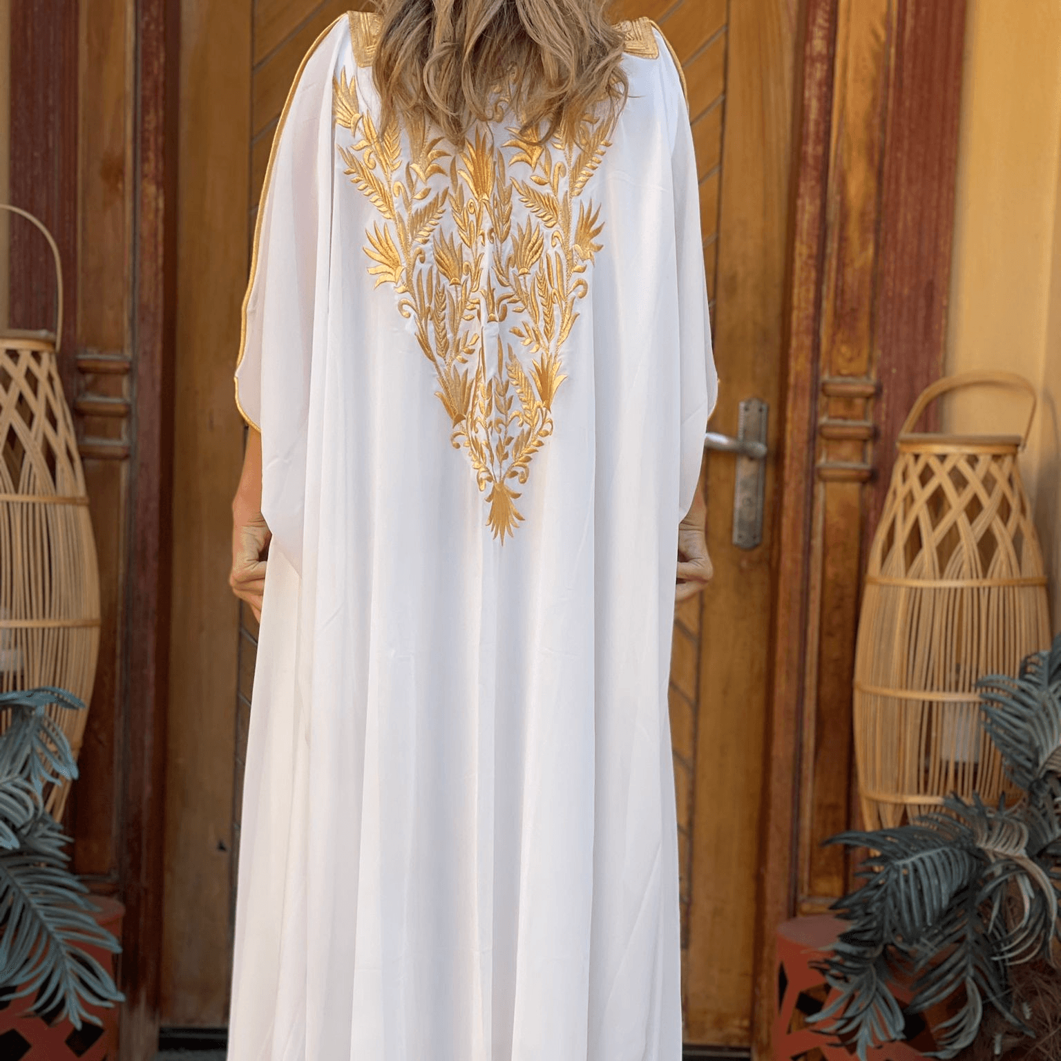 Open Abaya - Ivory with Golden Embroidery