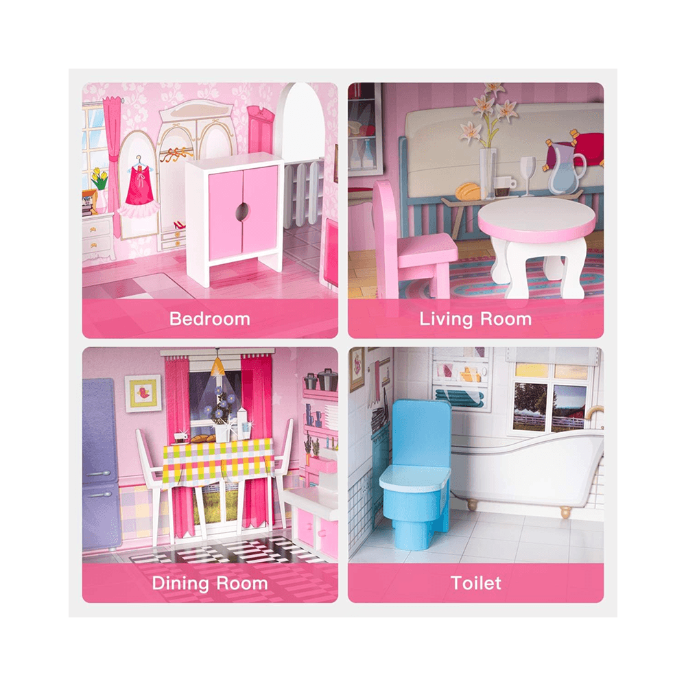 EcoToys Rose Residence Wooden Dollhouse Playset With Furniture 62 x 27 x 70 Cm