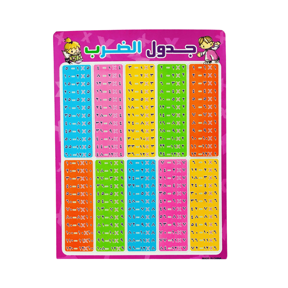 لوحة تعليمية لجدول الضرب من 1 إلى 10 باللغة العربية +3 سنوات الأبعاد 43 × 57 سم