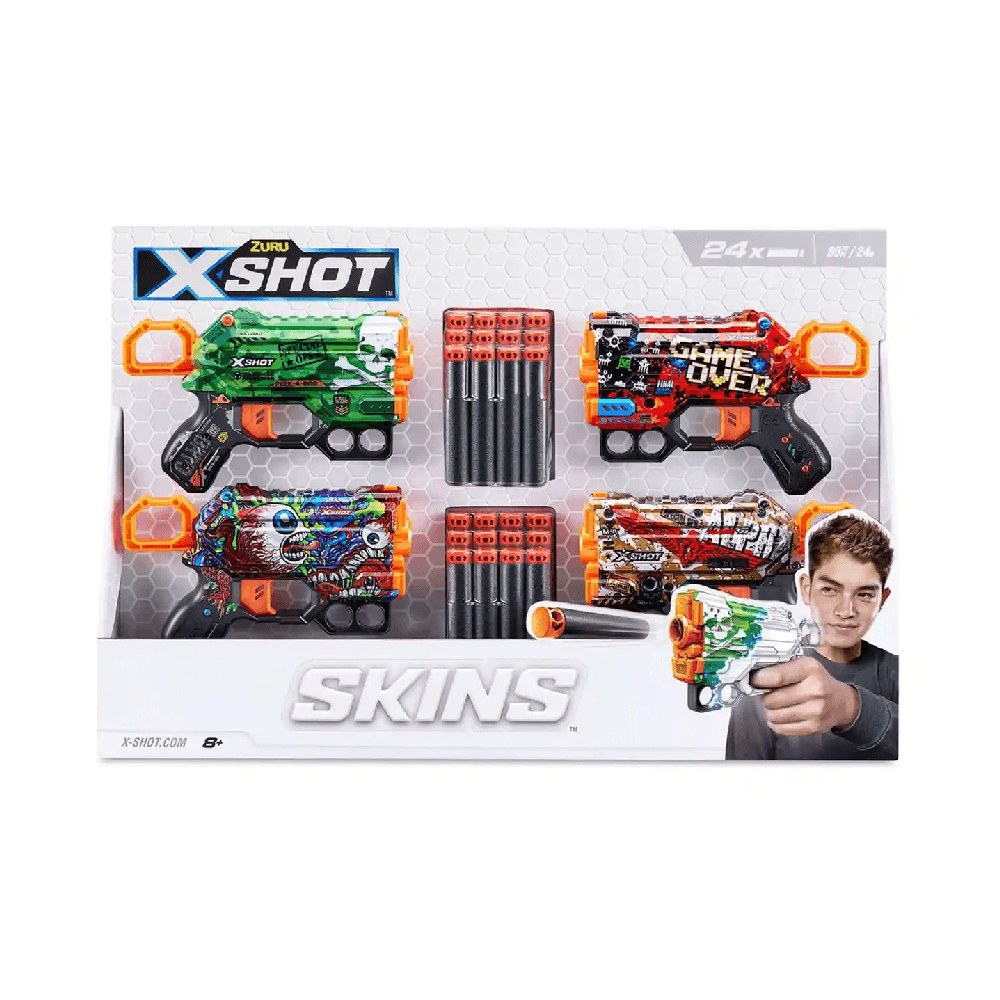Zuru X-Shot Skins Menace Blasters 4Pcs With Darts 24Pcs