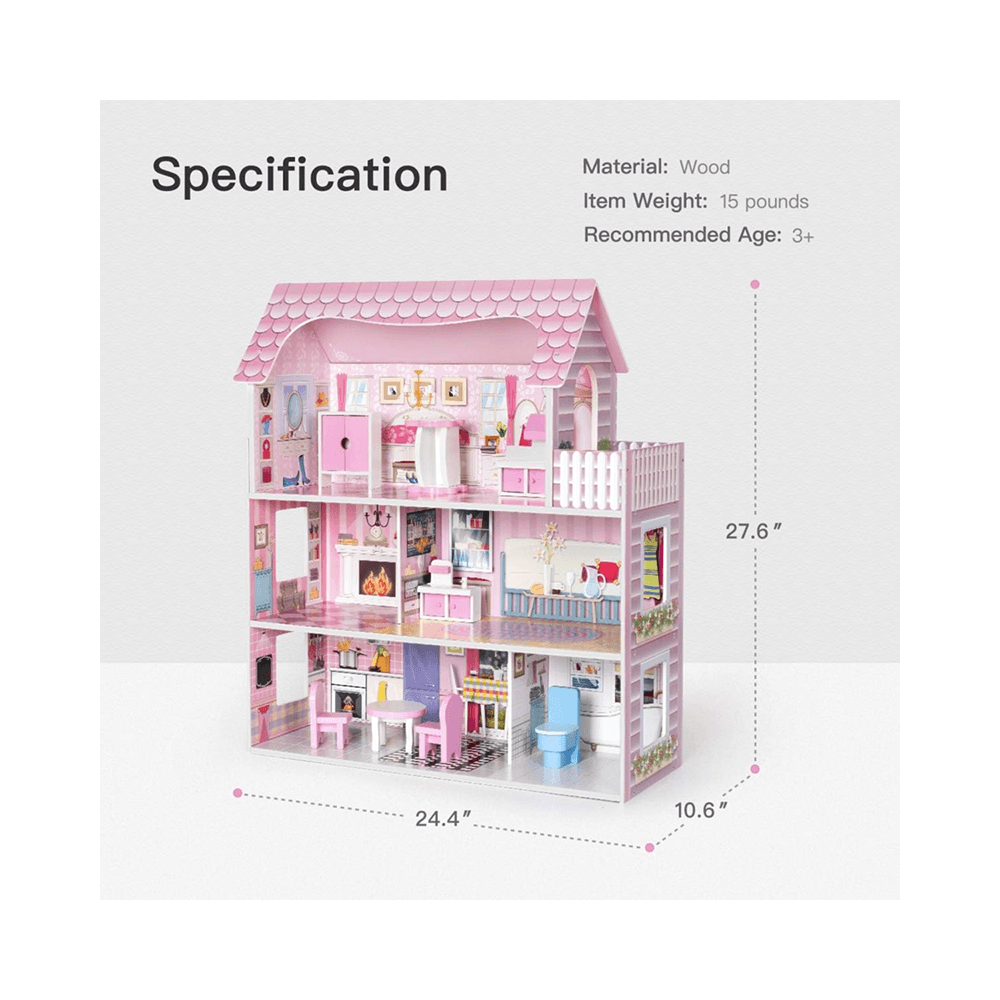 EcoToys Rose Residence Wooden Dollhouse Playset With Furniture 62 x 27 x 70 Cm