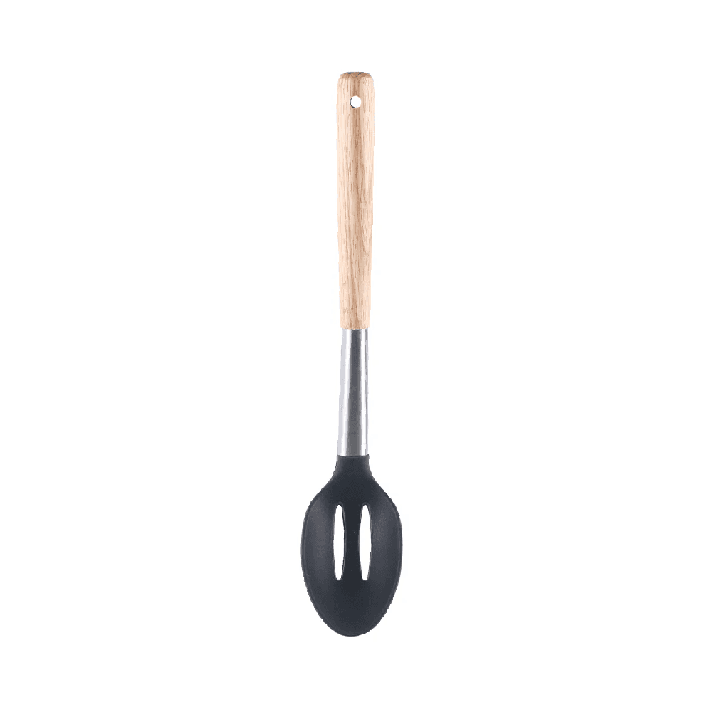 Vague Silicone Slotted Spoon 33 x 6cm - Black & Wood 01-205