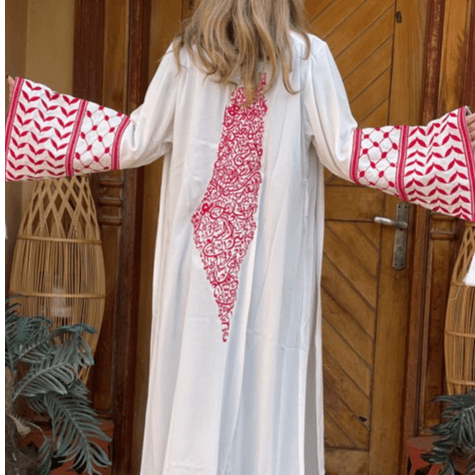 White Open Abaya with Palestine Embroidered Detailing