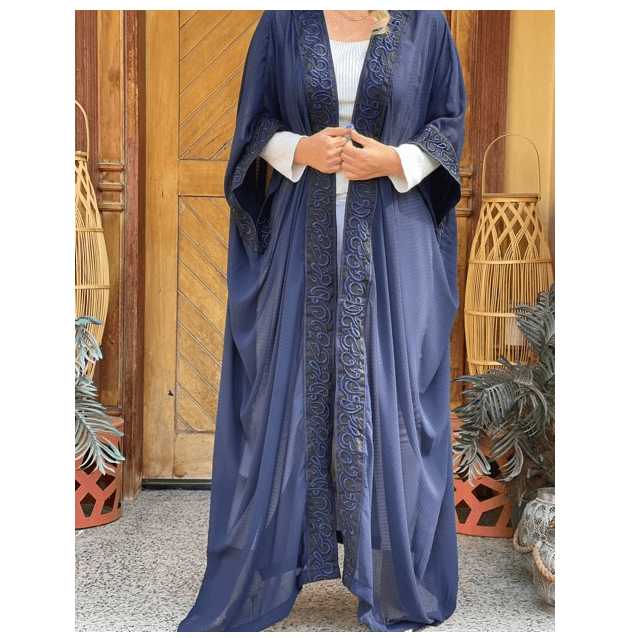 Navy Open Abaya with Embroidered Detailing