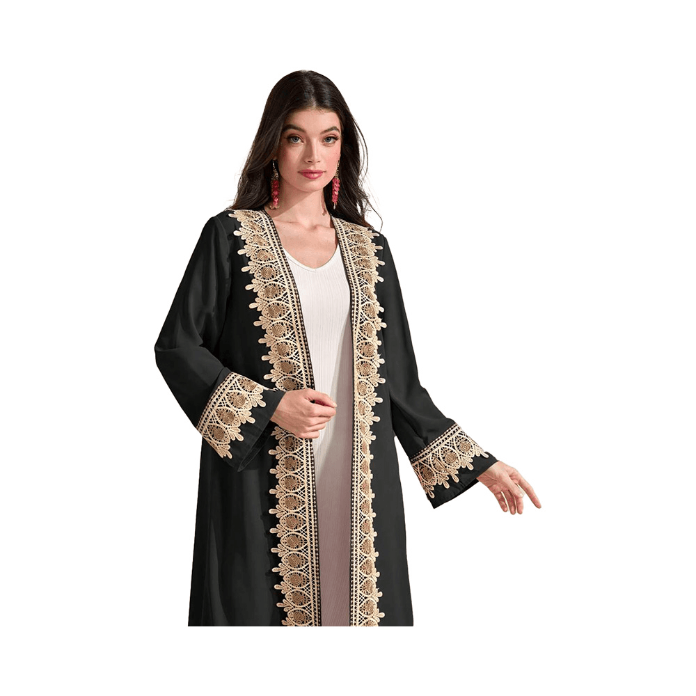 Black Open Abaya with Gold Lace Detailing for Ramadan and Eid - L