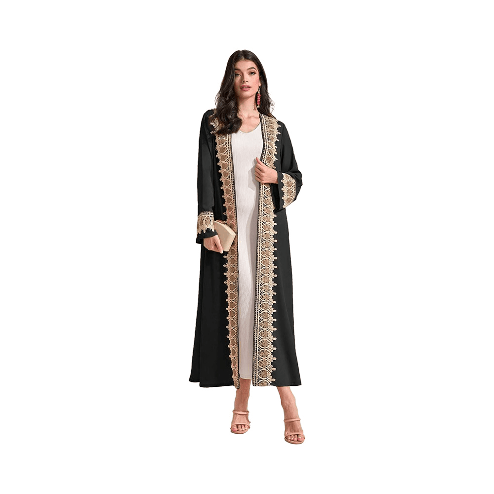 Black Open Abaya with Gold Lace Detailing for Ramadan and Eid - L