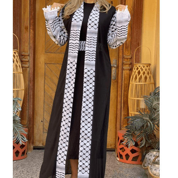 Black and White Open Abaya with Belt