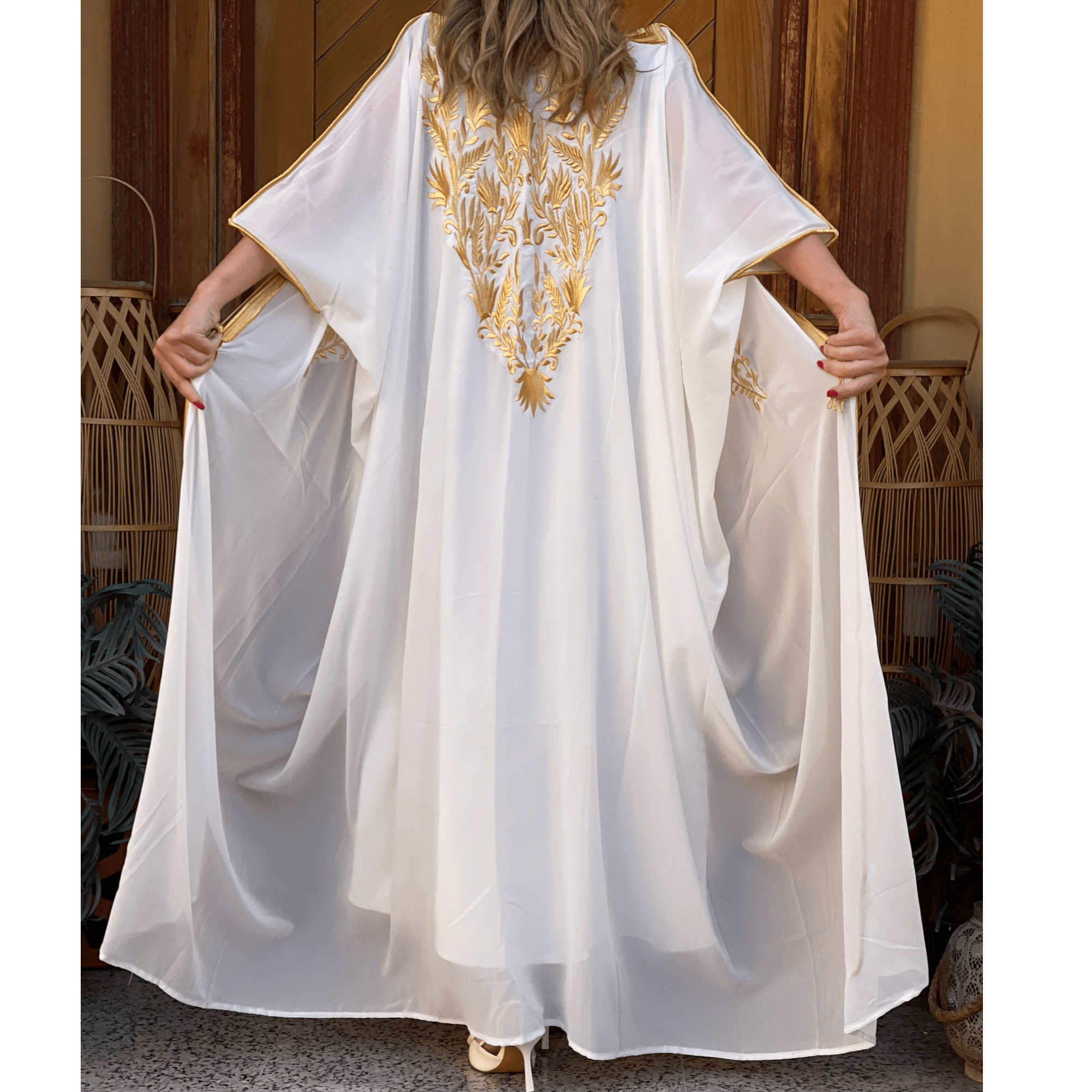 Open Abaya - Ivory with Golden Embroidery
