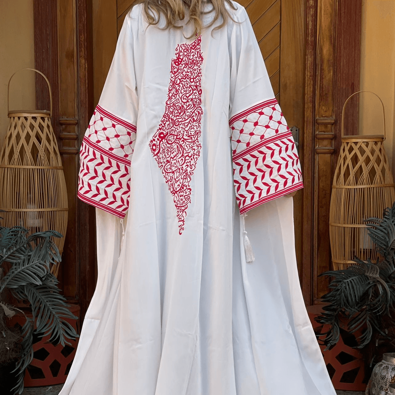 White Open Abaya with Palestine Embroidered Detailing