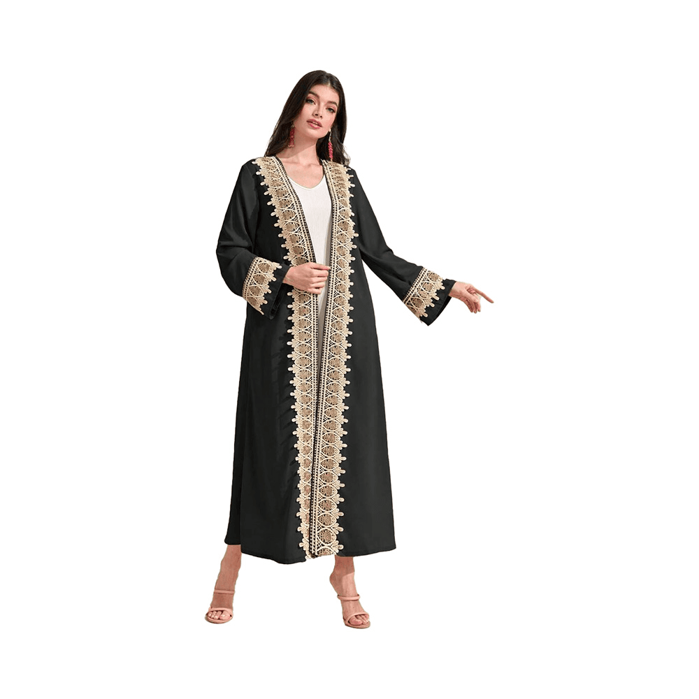 Black Open Abaya with Gold Lace Detailing for Ramadan and Eid - L