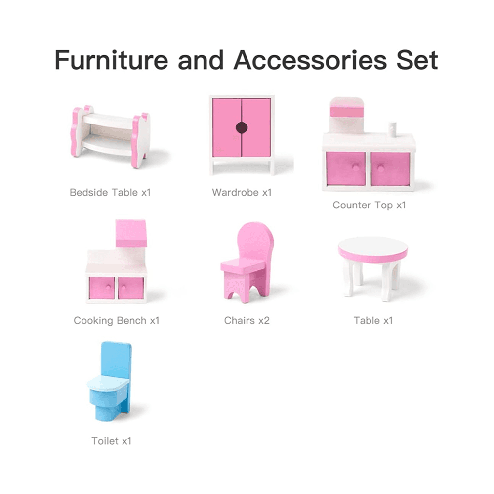 EcoToys Rose Residence Wooden Dollhouse Playset With Furniture 62 x 27 x 70 Cm