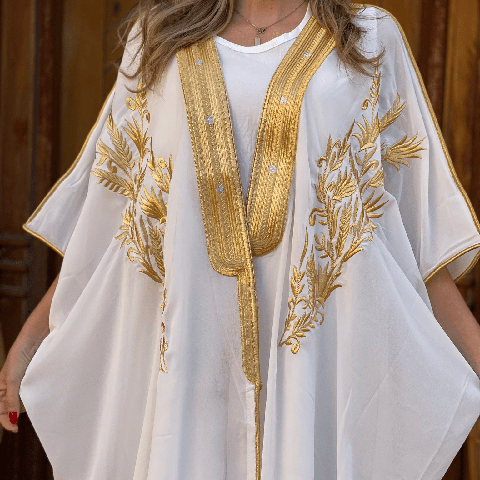 Open Abaya - Ivory with Golden Embroidery