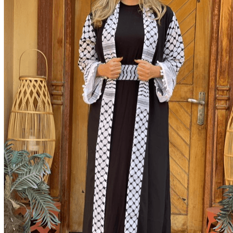 Black and White Open Abaya with Belt