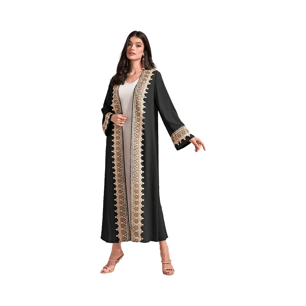 Black Open Abaya with Gold Lace Detailing for Ramadan and Eid - L