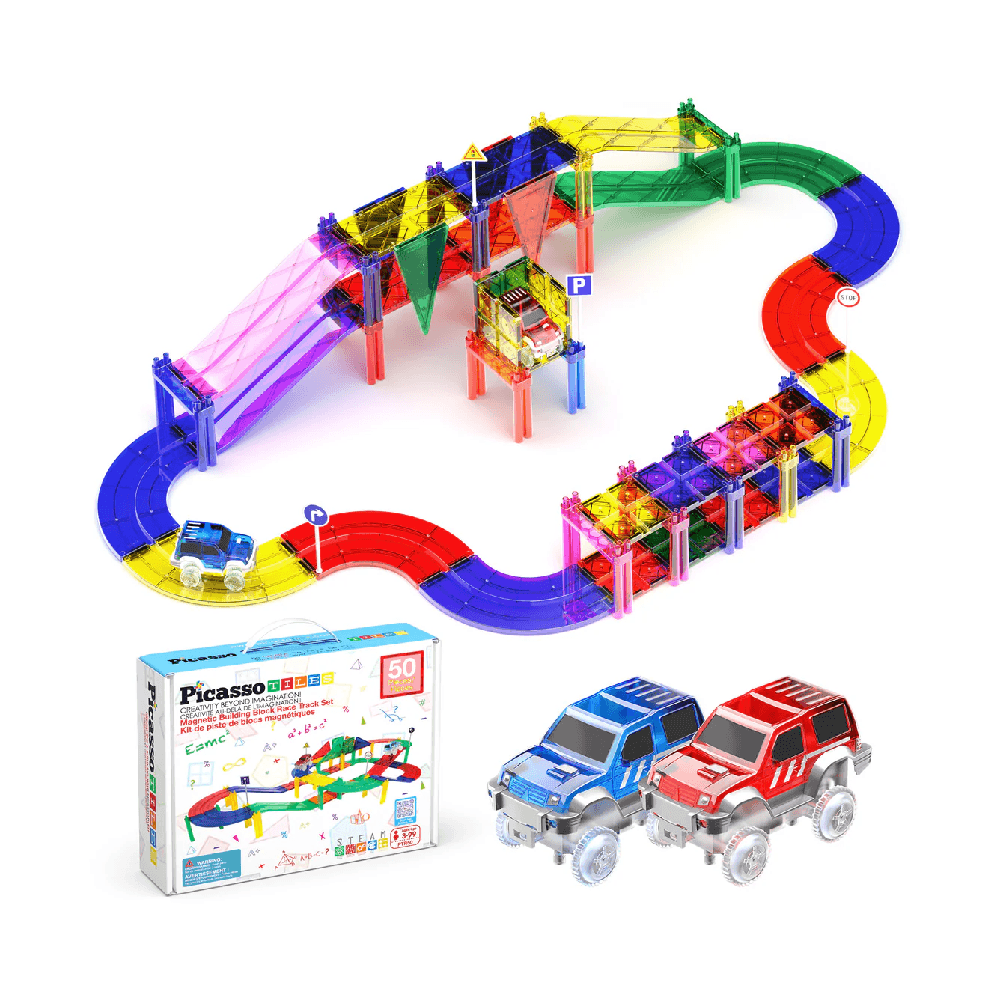 Picasso Tiles Race Car Track Magnetic Building Blocks Set With 2 Toy LED Cars 50Pcs