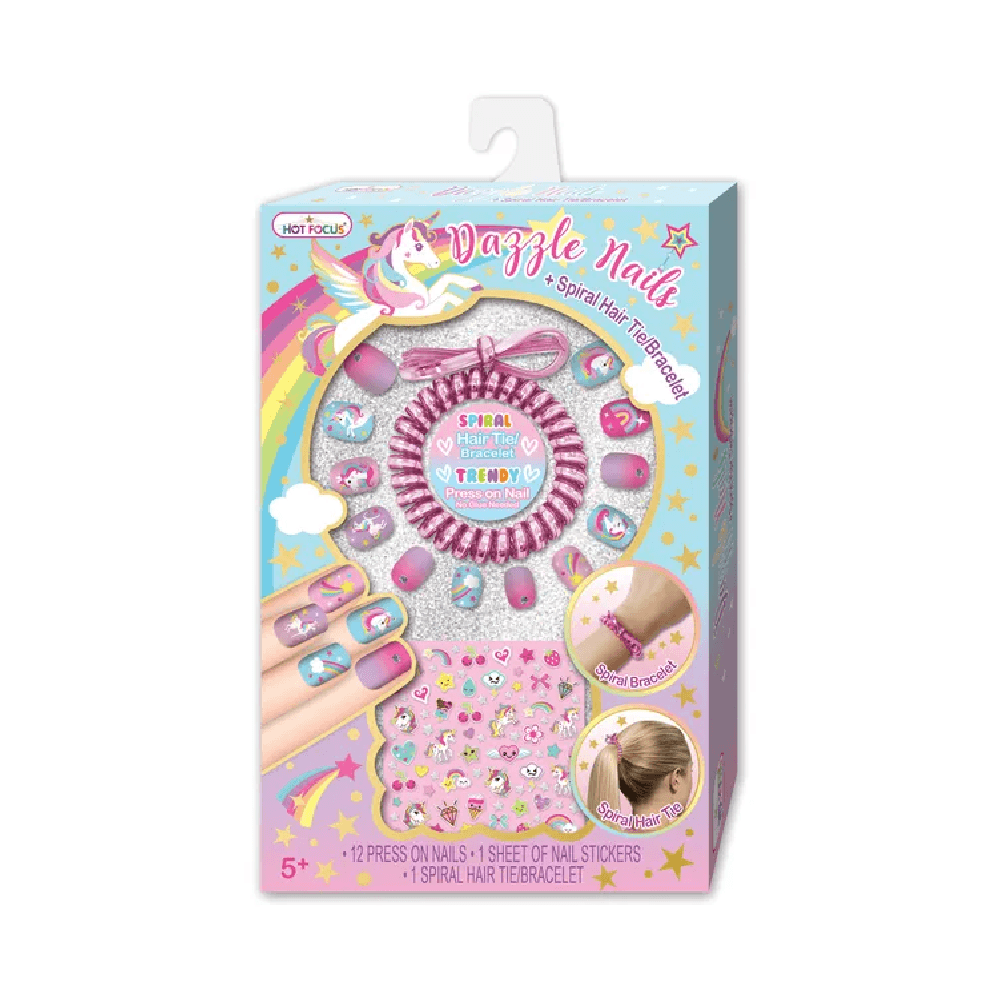Hot Focus Unicorn Dazzle Nails & Spiral Hair Tie Bracelet Set