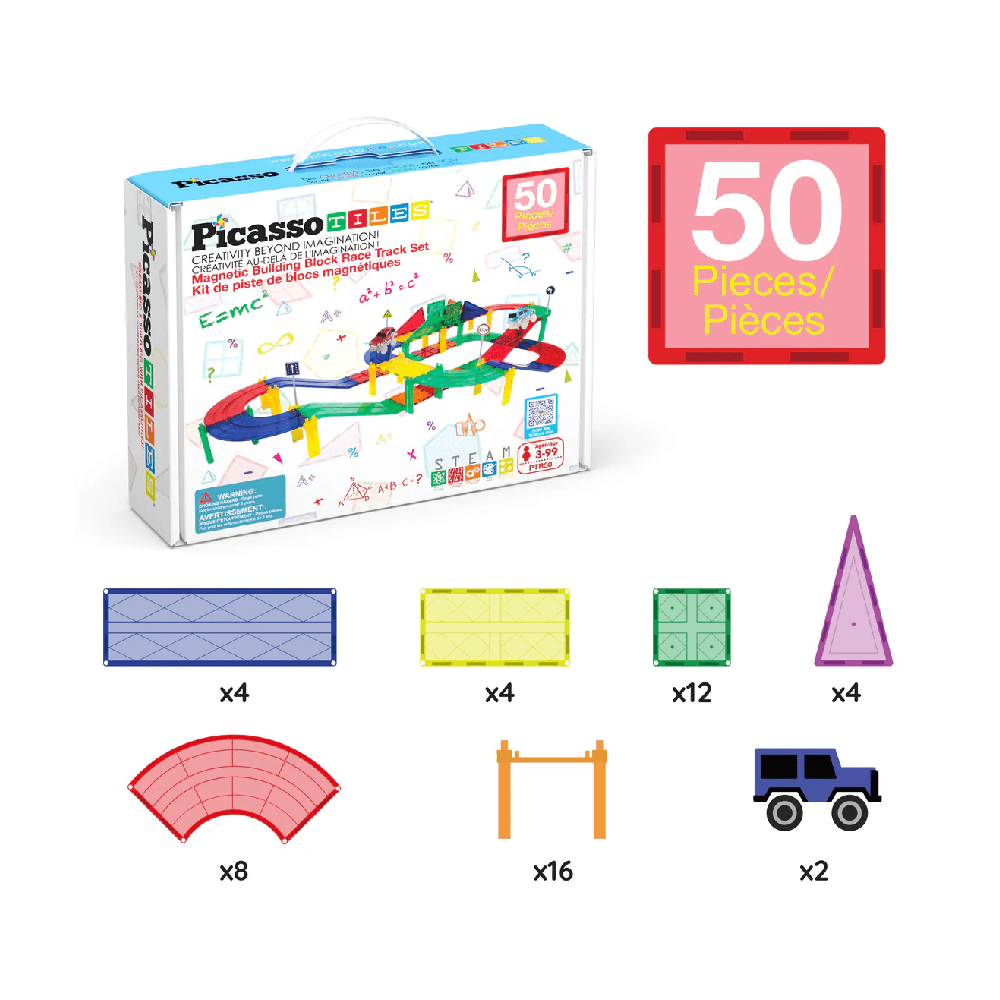 Picasso Tiles Race Car Track Magnetic Building Blocks Set With 2 Toy LED Cars 50Pcs