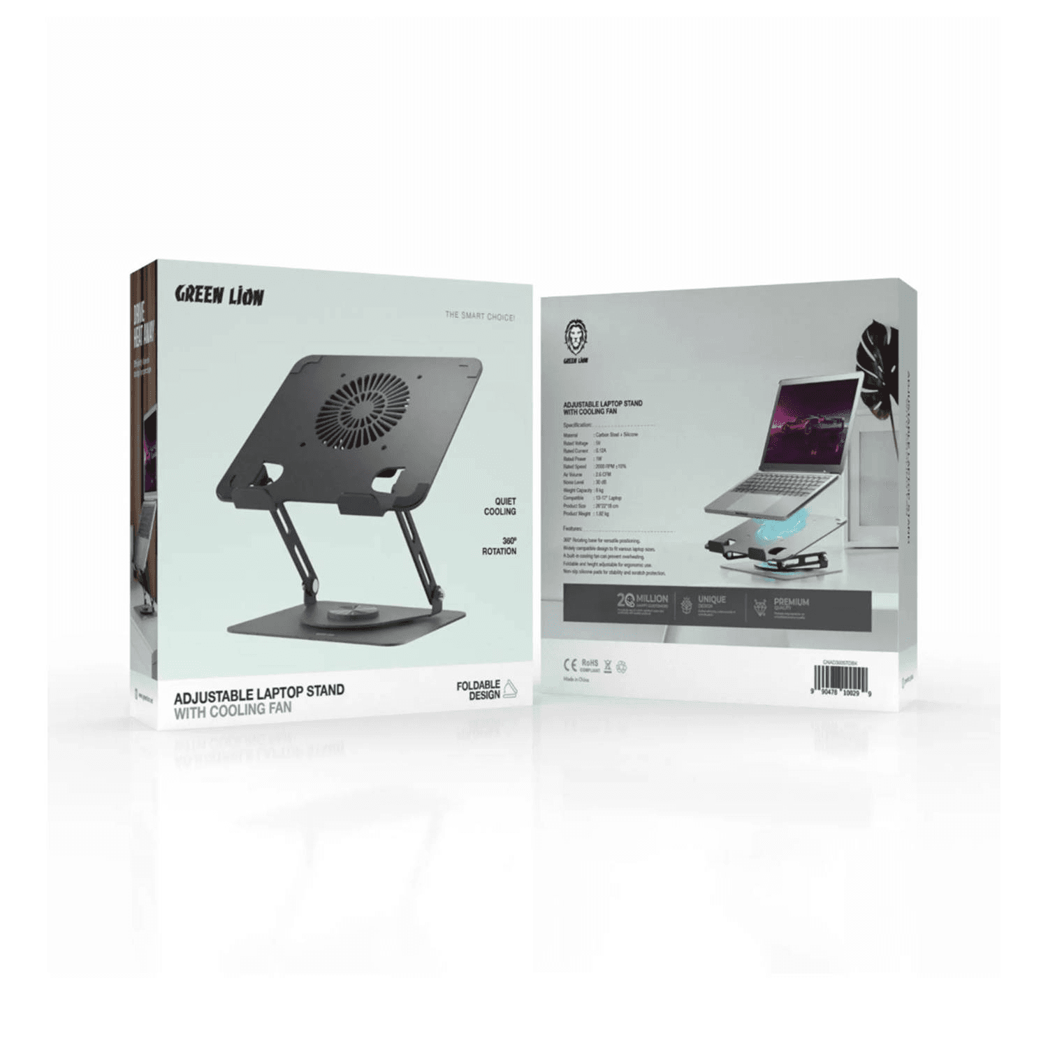 Green Lion Adjustable Laptop Stand With Cooling Fan, 8Kg Weight Capacity, Widely Compatible Design To Fit Various Laptop Sizes - Black