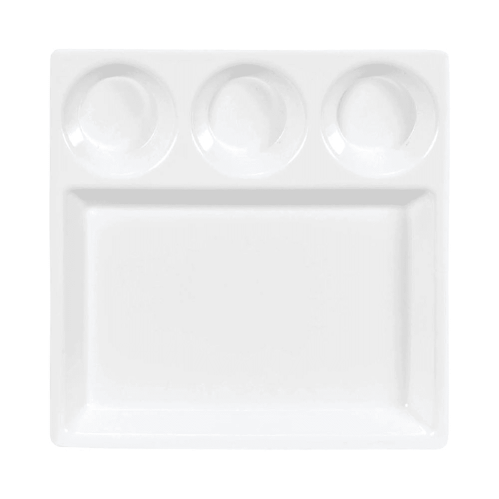 Vague Melamine Square Divided Platter With 3 Round Sauce Compartment 29.5x3cm - Ivory 36-469
