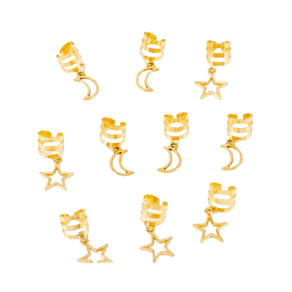 10Pcs - Star & Crescent Pendant Hair Ring - Gold