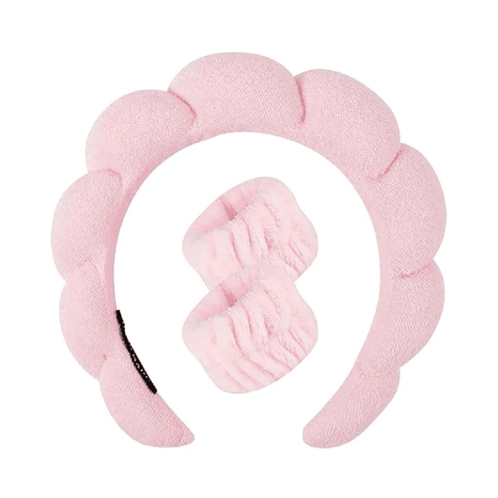 Towel Fabric Headband & Wrist Band Set - 1set  - Pink