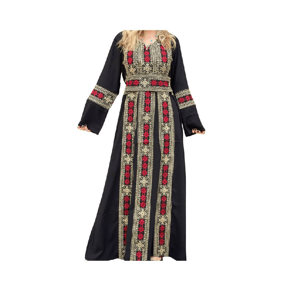 طقم فستان أسود وحزام مع تفاصيل مطرزة
