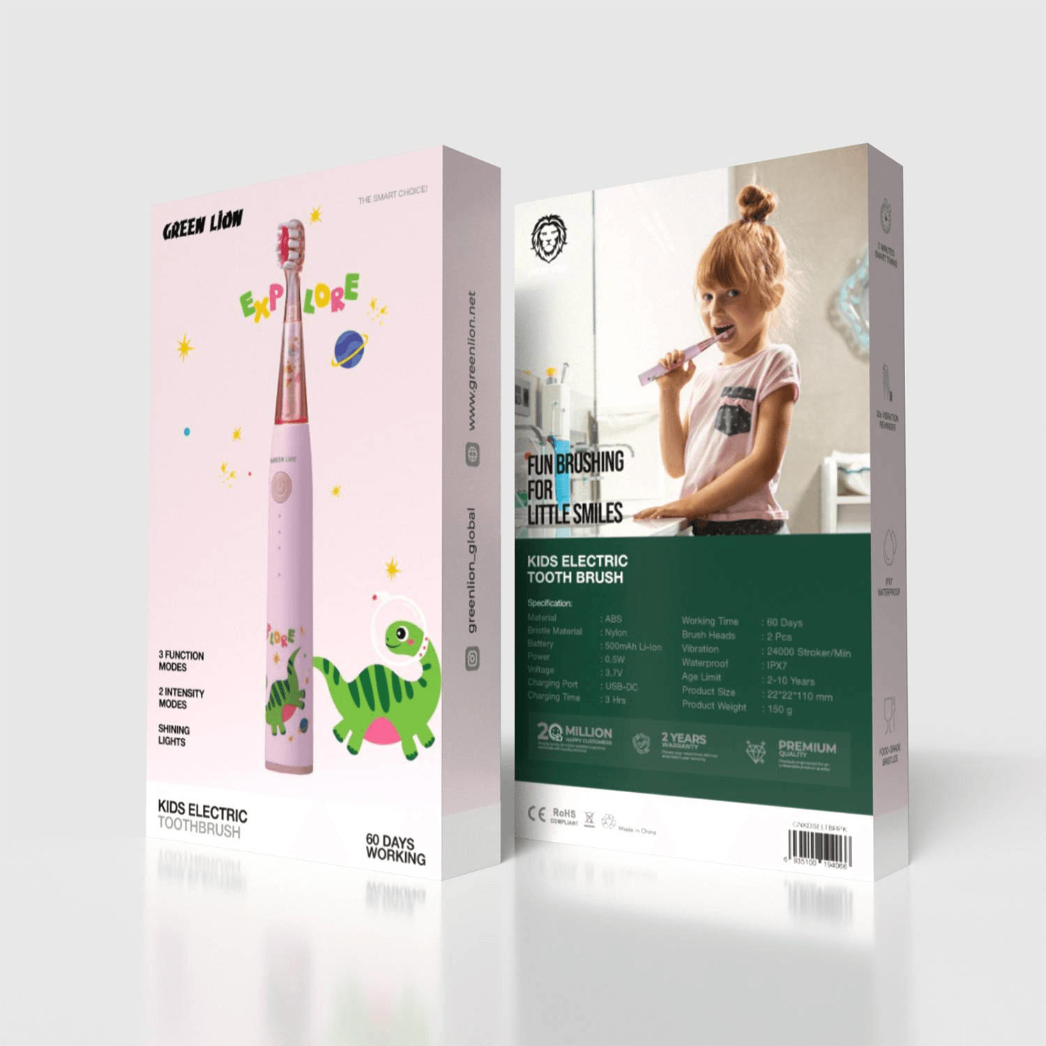 Green Lion Kids Electric Toothbrush With 3 Function Modes, 60 Days Working Time, Food-Grade Bristles, Waterproof, Shining Lights, 500Mah Battery Capacity - Pink