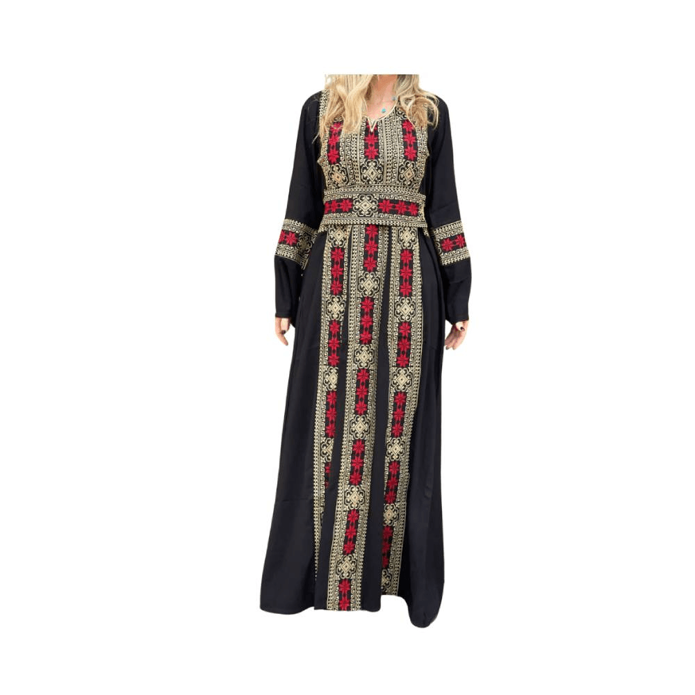 طقم فستان أسود وحزام مع تفاصيل مطرزة